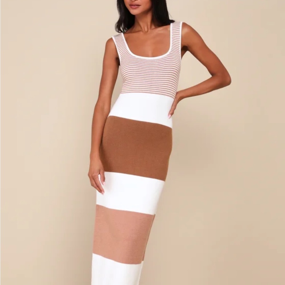 Lulu's Striped Brown and White Midi Dress